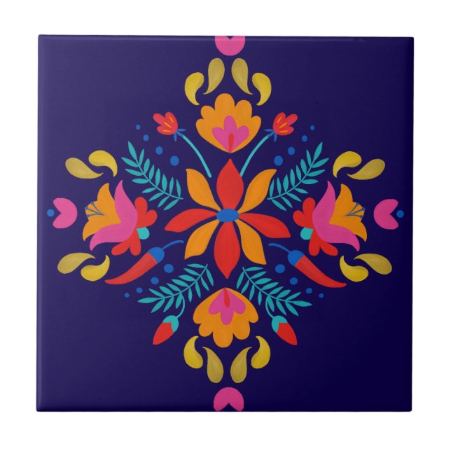 Colourful Mexican Folk Art Floral Tile (Front)