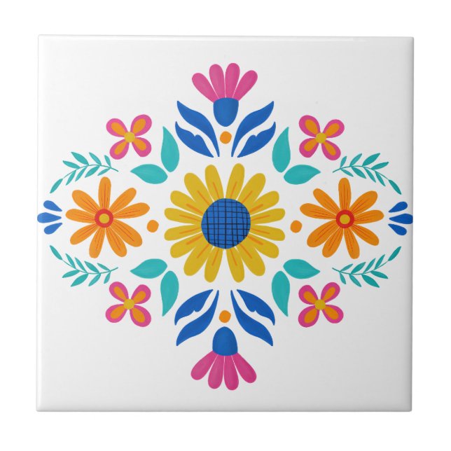 Colourful Mexican Folk Art Floral Tile (Front)