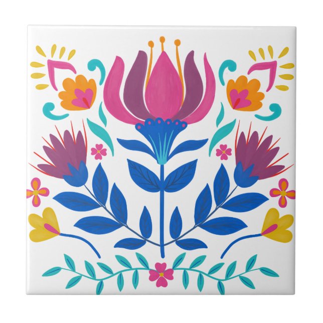 Colourful Mexican Folk Art Floral Tile (Front)
