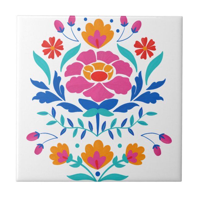 Colourful Mexican Folk Art Floral Tile (Front)