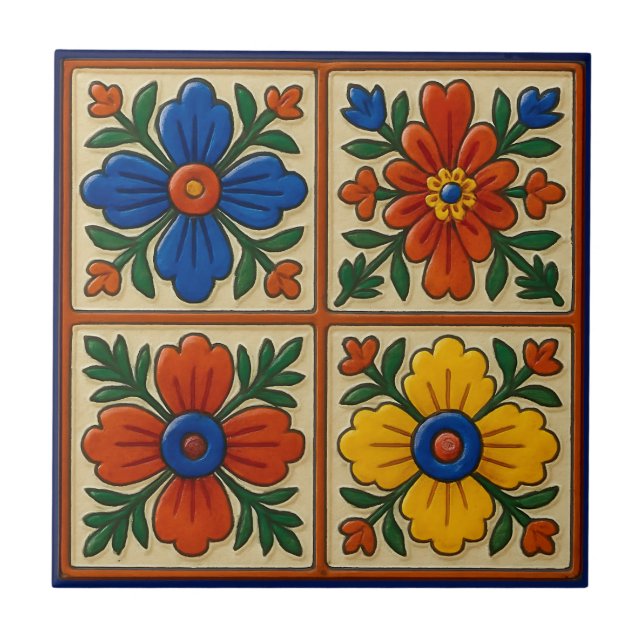 Colourful Mexican Folk Traditional Floral Art Tile (Front)