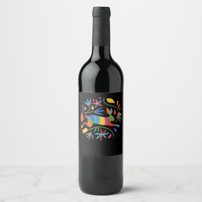 Colourful Mexican Otomi Hare & Flowers Wine Label (Front)