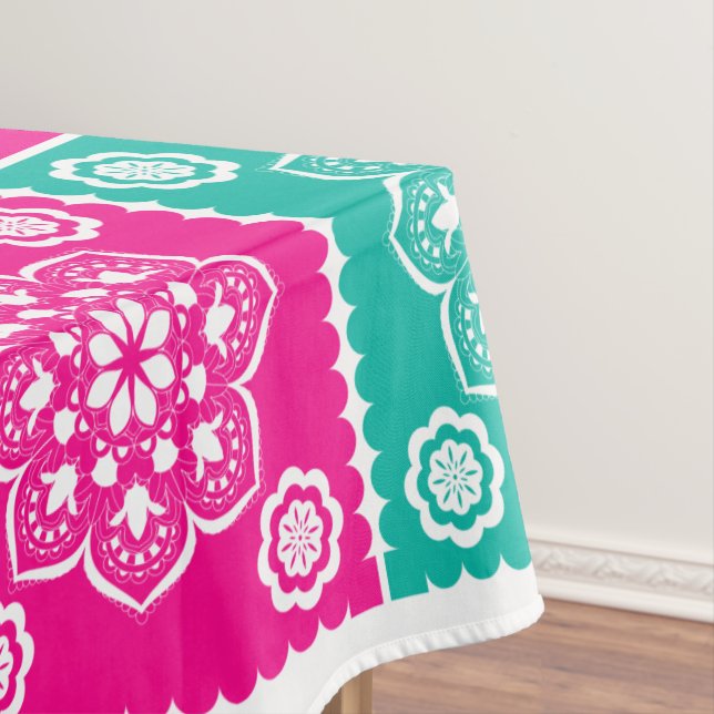 Colourful Mexican Papel Picado on White Tablecloth (In Situ)