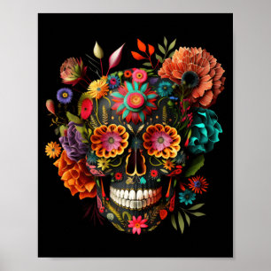 Colourful Mexican Skull Patterns Flowers Halloween Poster