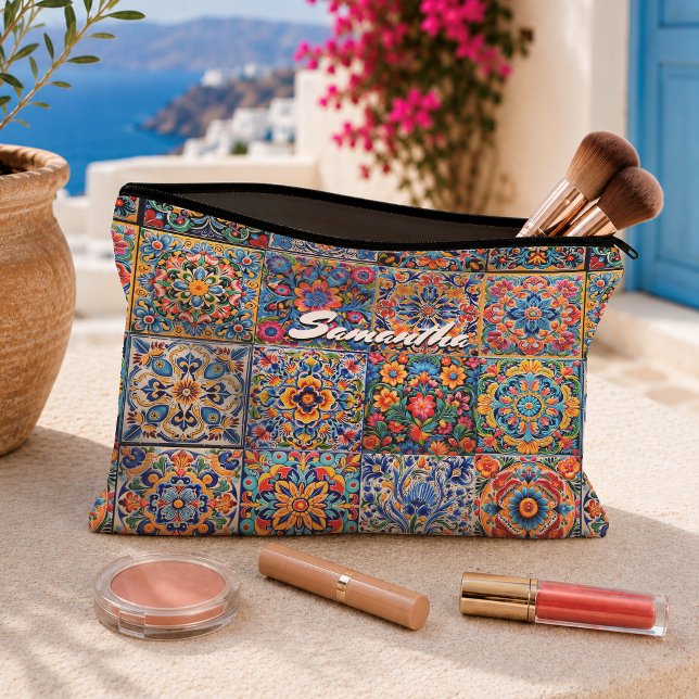 Colourful Mexican Talavera Tile Monogram Accent Accessory Pouch (Creator Uploaded)