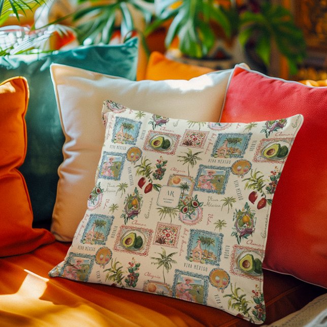 Colourful Mexican Travel Print Monogram Cushion (Creator Uploaded)