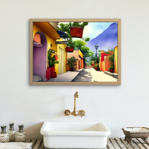 Colourful Mexican Village Street Scenic Watercolor Poster