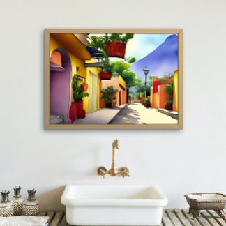 Colourful Mexican Village Street Scenic Watercolor Poster