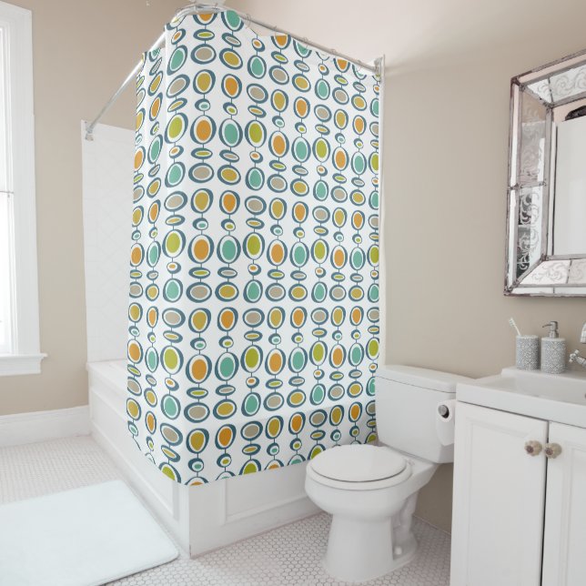 Colourful Mid Century Modern Abstract Circles Shower Curtain (In Situ)