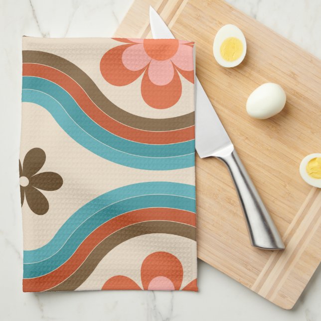 Colourful Mid Century Modern Floral Rainbow Retro Tea Towel (Quarter Fold)
