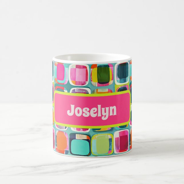 Colourful Mid Century Modern Pattern with Name Coffee Mug (Center)