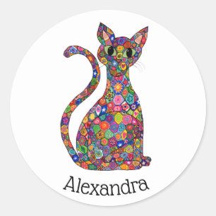 Colourful Millefiori Floral Cat Monogram Name Classic Round Sticker