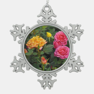 Colourful miniature roses snowflake pewter christmas ornament