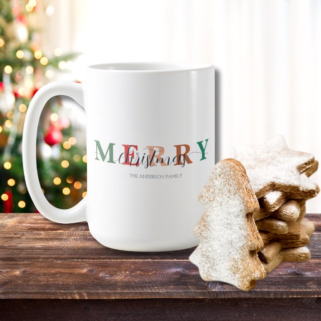 Colourful Minimalist Merry Christmas Family Name Coffee Mug (Creator Uploaded)