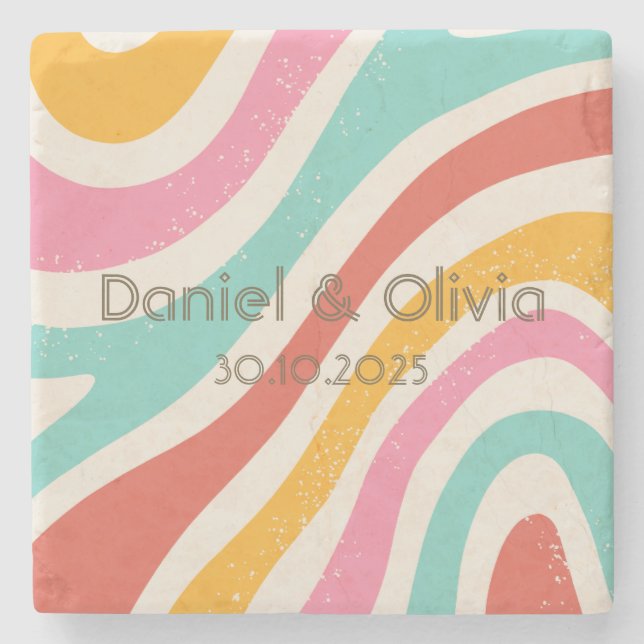 Colourful Minimalist Wedding Stone Coaster (Front)