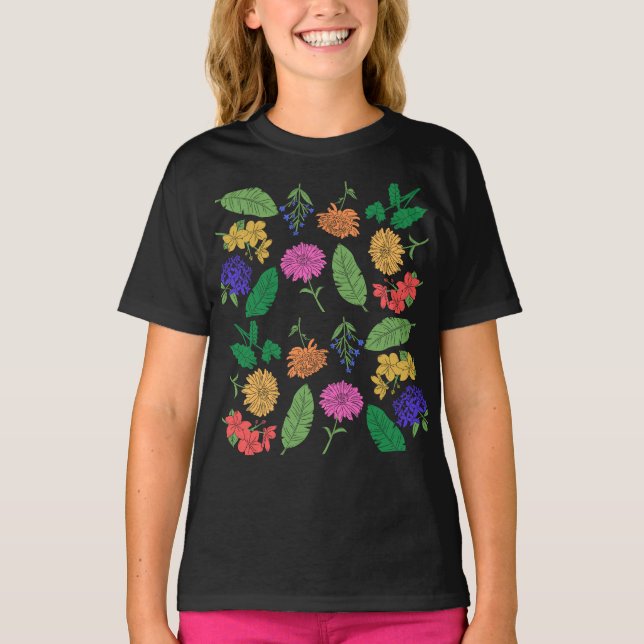 Colourful Mixed Greenery & Floral Collage T-Shirt (Front)
