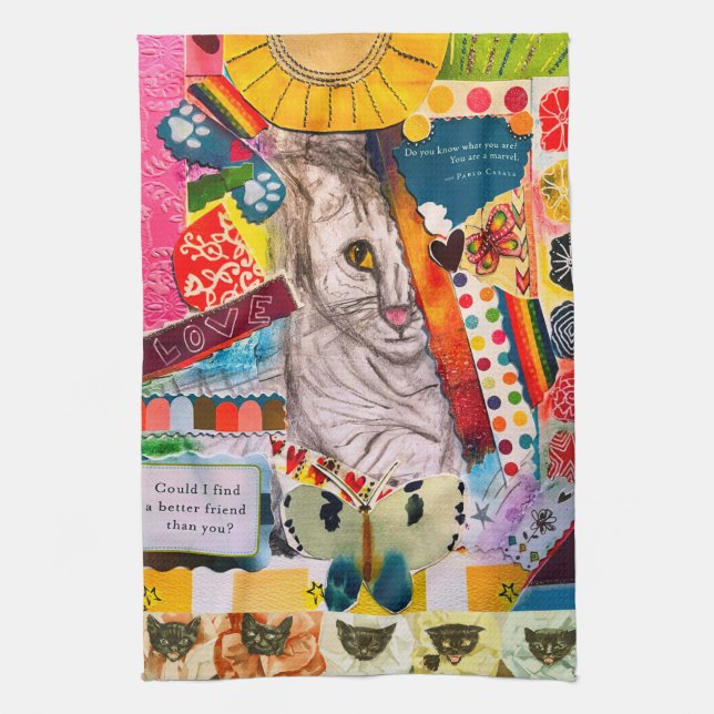Colourful Mixed Media Cat Collage Kitchen Towel (Vertical)