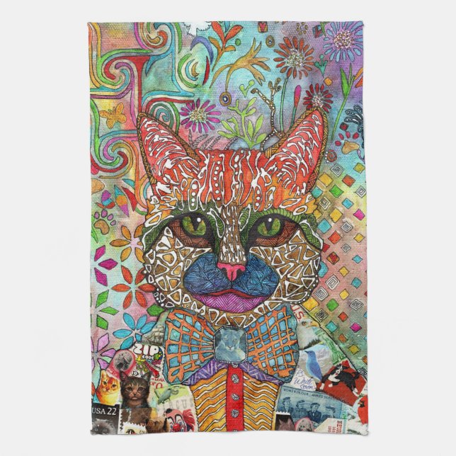 Colourful Mixed Media Cat Kitten Kitchen Towel (Vertical)