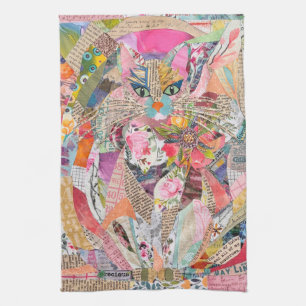 Colourful Mixed Media Paper Art Cat Kitchen Towel