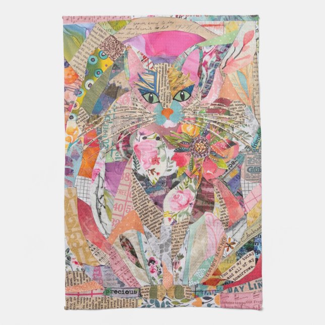 Colourful Mixed Media Paper Art Cat Kitchen Towel (Vertical)