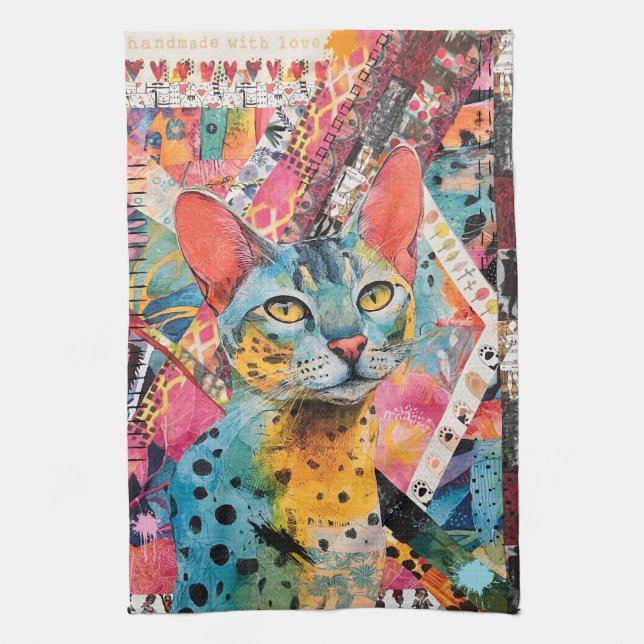 Colourful Mixed Mixed Paper Cat Collage  Tea Towel (Vertical)