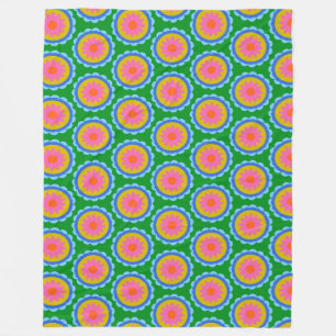 Colourful Mod 60s Bright Flower Mandala Pattern  Fleece Blanket