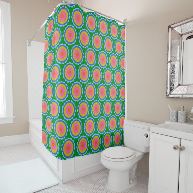 Colourful Mod 60s Bright Flower Mandala Pattern Shower Curtain (In Situ)