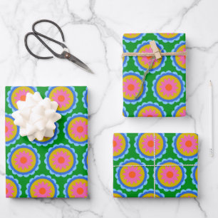 Colourful Mod 60s Bright Flower Mandala Pattern Wrapping Paper Sheet