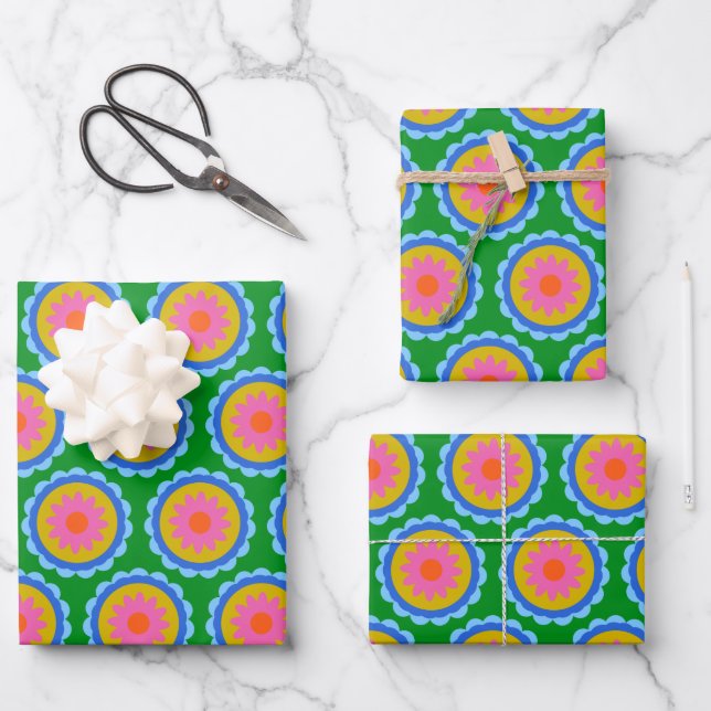 Colourful Mod 60s Bright Flower Mandala Pattern Wrapping Paper Sheet (Front)