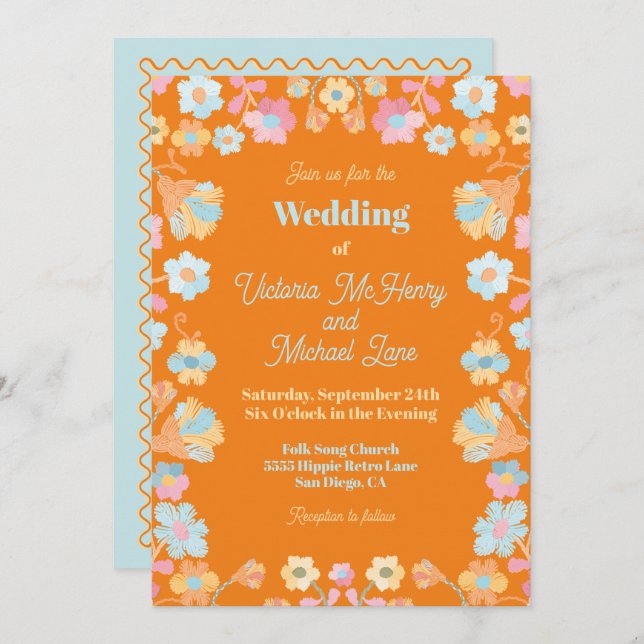 Colourful Mod Embroidery Wedding Invitation (Front/Back)