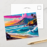 Colourful Modern Abstract Beach Landscape Postcard<br><div class="desc">A vibrant, modern abstract painting depicting a beach landscape, where bold, swirling colours evoke the movement of waves crashing against the shore. Bright turquoise and deep blues represent the ocean, while splashes of warm oranges, pinks, and yellows symbolise the setting sun casting its light across the sand and water. The...</div>