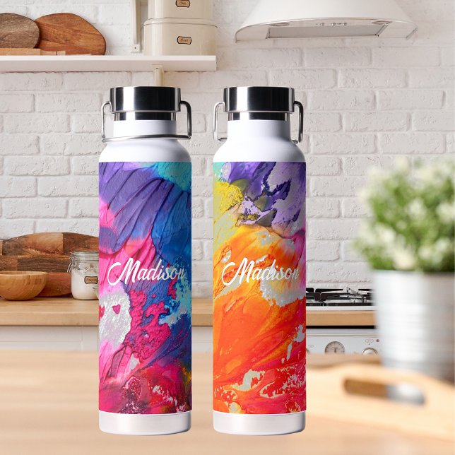 Colourful Modern Abstract Paint Add Name Water Bottle (Colorful Modern Abstract Paint Add Name Water Bottle Front and Back Views)