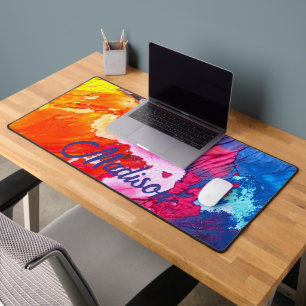 Colourful Modern Abstract Paint Personalise Name Desk Mat
