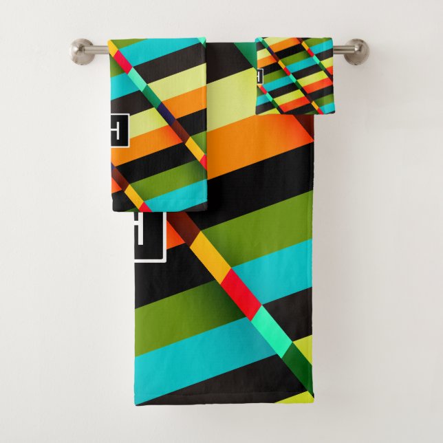 Colourful Modern Abstract Stripes & Monogram Bath Towel Set (Insitu)