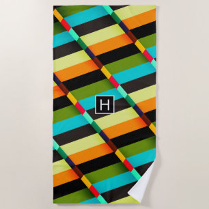 Colourful Modern Abstract Stripes & Monogram Beach Towel