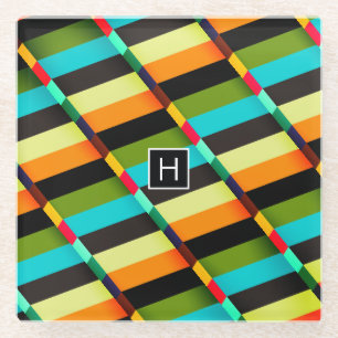 Colourful Modern Abstract Stripes & Monogram Glass Coaster