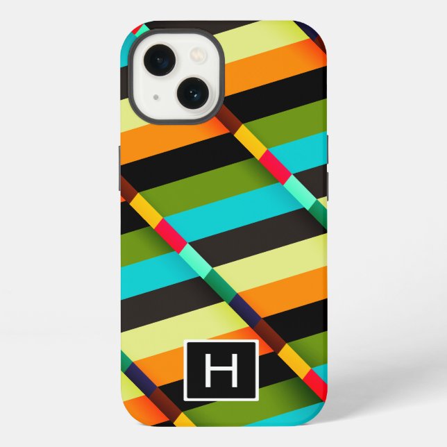 Colourful Modern Abstract Stripes & Monogram iPhone Case (Back)