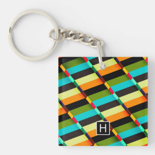 Colourful Modern Abstract Stripes & Monogram Key Ring