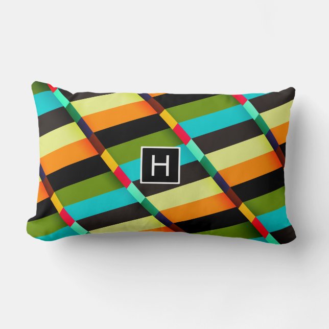 Colourful Modern Abstract Stripes & Monogram Lumbar Cushion (Front)