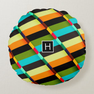 Colourful Modern Abstract Stripes & Monogram Round Cushion
