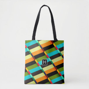 Colourful Modern Abstract Stripes & Monogram Tote Bag