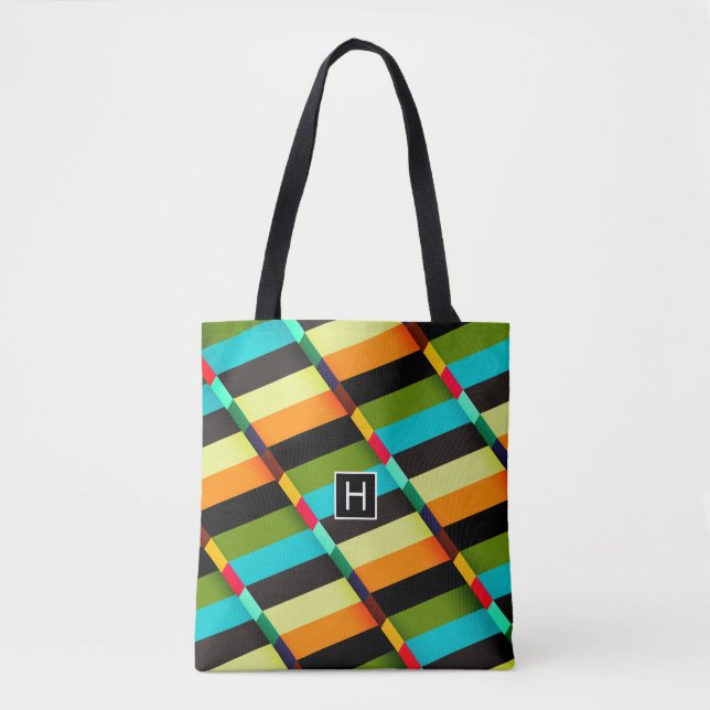 Colourful Modern Abstract Stripes & Monogram Tote Bag (Front)