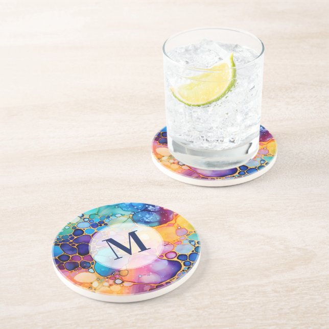 Colourful modern alcohol ink watercolors monogram coaster (Side)