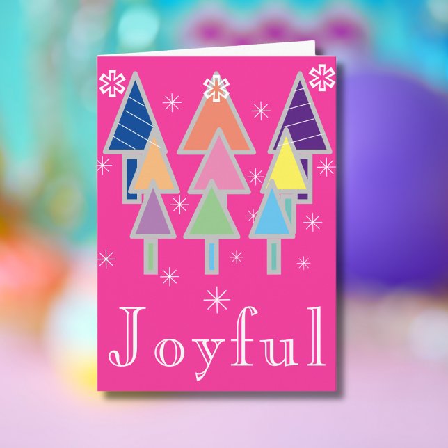 Colourful Modern Art Christmas Trees Cute Holiday  Card (Joyful pink holiday card with colorful abstract art Christmas trees.)