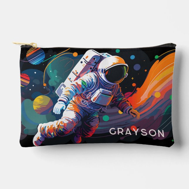 Colourful Modern Astronaut Space Personalised Name Accessory Pouch (Front)