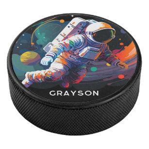 Colourful Modern Astronaut Space Personalised Name Hockey Puck