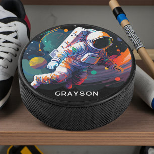 Colourful Modern Astronaut Space Personalised Name Hockey Puck