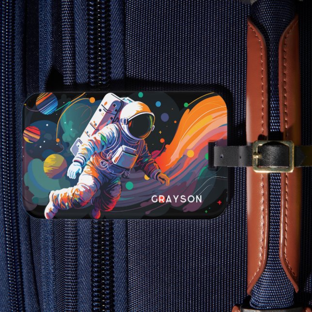 Colourful Modern Astronaut Space Personalised Name Luggage Tag (Front Insitu 4)