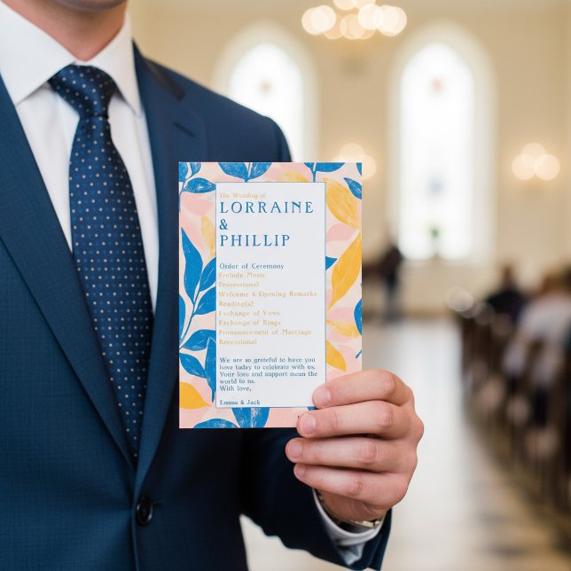 Colourful Modern Botanical blue yellow Wedding Programme (Colorful Modern Botanical blue yellow Wedding Program.)