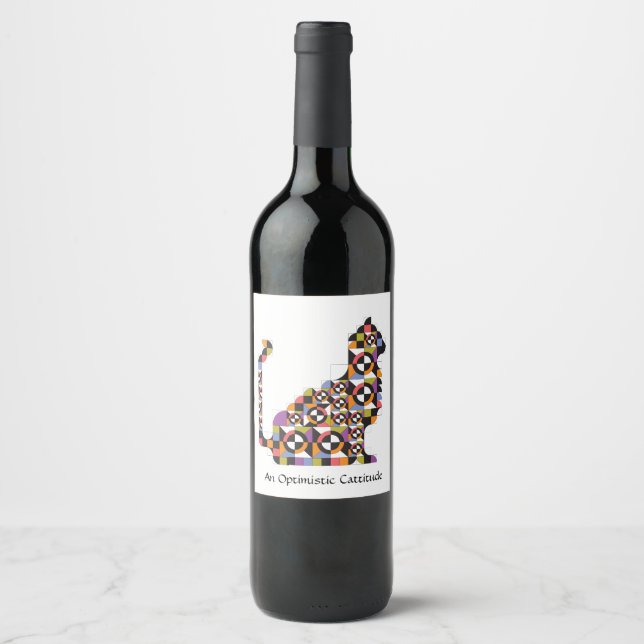 Colourful Modern Cat Quilt Pattern Wine Label (Front)